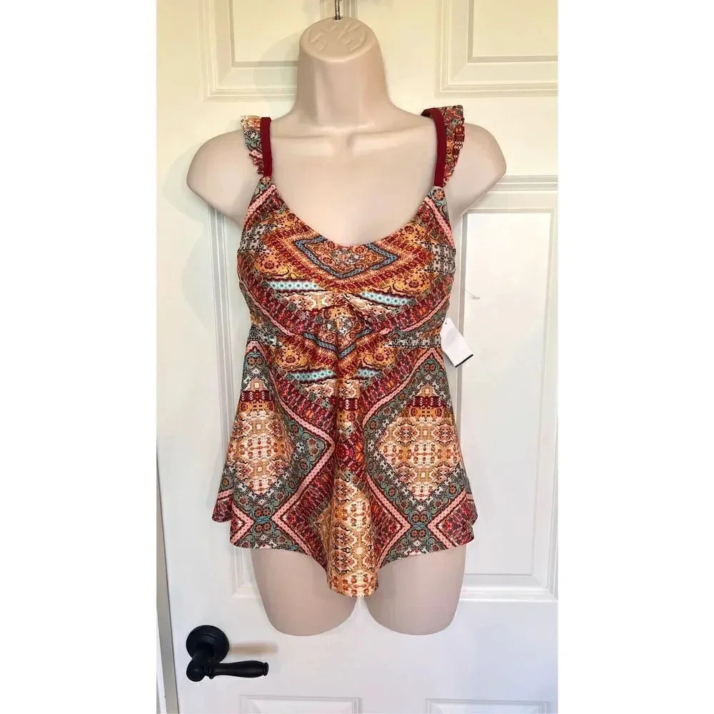 Jessica Simpson Women’s Medium Paisley Brown‎ Swimwear tankini top Stretch NWT
